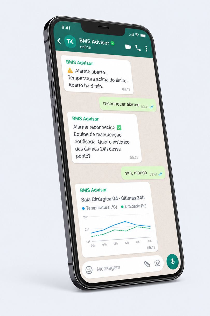 Celular mostrando o BMS Advisor no WhatsApp: alarme aberto, reconhecimento e gráfico de temperatura e umidade das últimas 24h